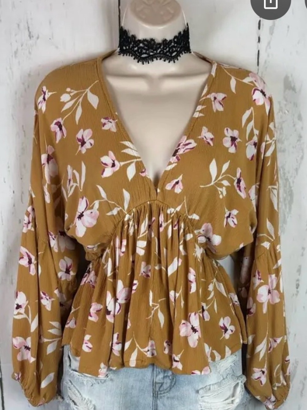 Billabong Boho - Mustard Floral V-Neck Smocked Waist Blouse